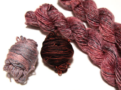 Dye experiments Left to right: Silk & wool blend, superwash merino, wool & bamboo blend