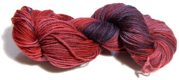 Fyberspates Superwash Merino sock painted with Strawberry, Berry Blue, Black Cherry and Grape