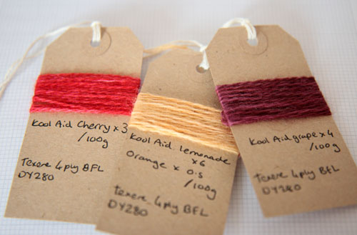 Samples Colour swatches with dye quantities noted